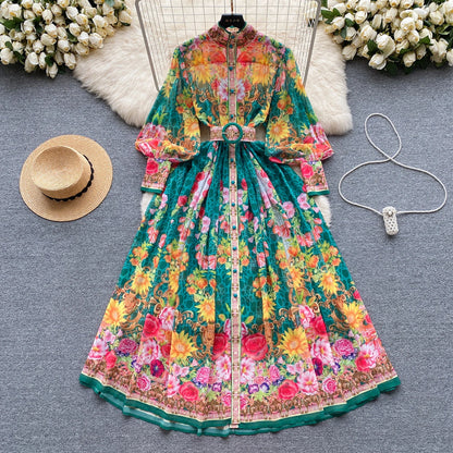 Chic Elegant Print patchwork Long Sleeves Single Breasted Dress A-line High Waist Vacation Party Women French Autumn Vestidos