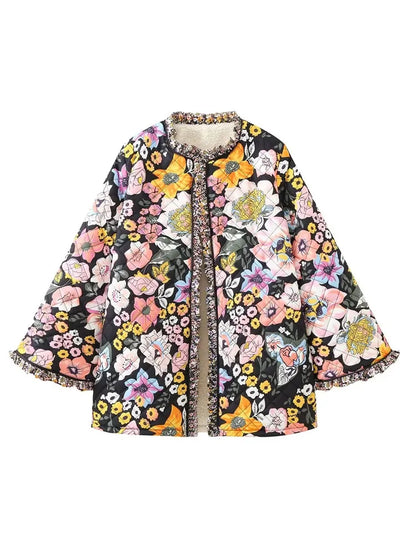 TRAF Quilted Jacket Woman Autumn Winter Flower Printed Vintage Demi-season Jacket for Women Coats Tweed Warm New in Outerwear