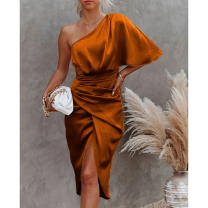 Women One Shoulder Batwing Sleeve Ruched Asymmetrical Satin Midi Bodycon Dresses