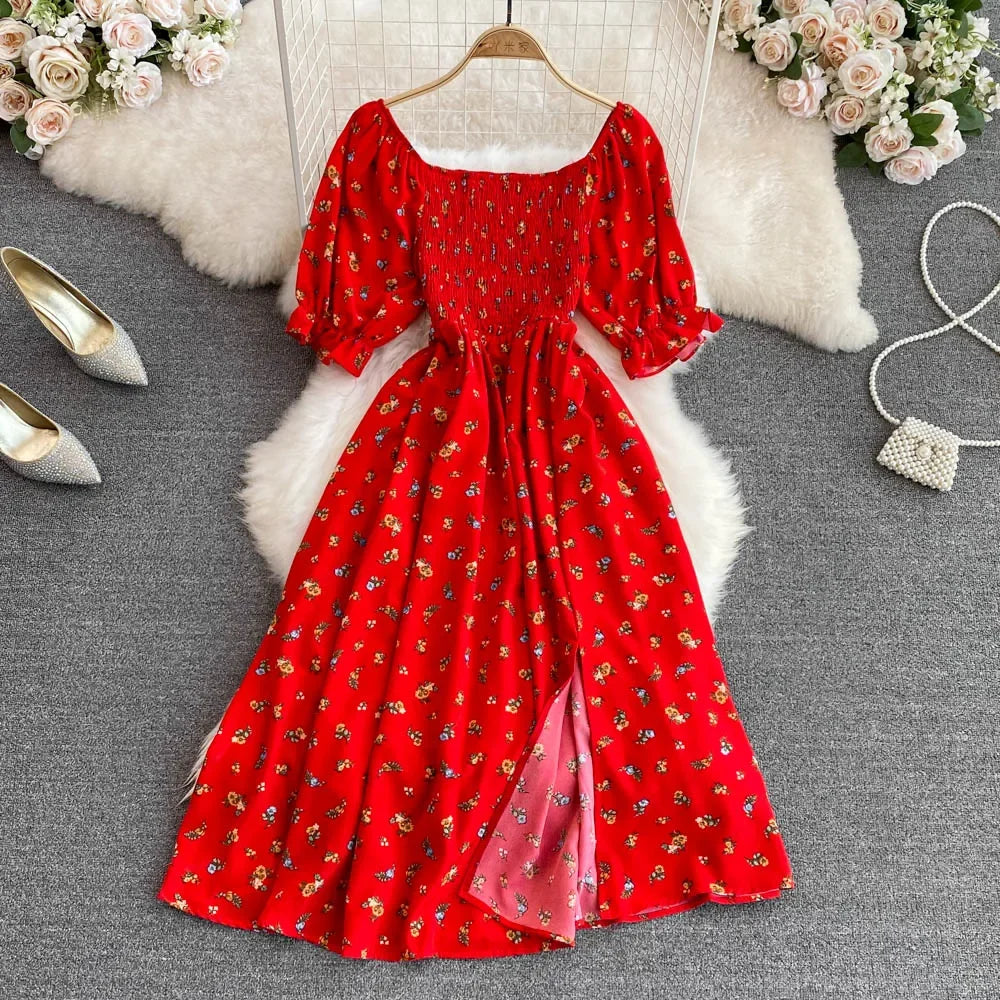 2024 Fashion New Summer Flower Print Long Dress Women Vintage Square Neck Ruched Chest Split  Sundress Party Vestidos