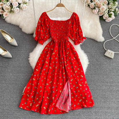 2024 Fashion New Summer Flower Print Long Dress Women Vintage Square Neck Ruched Chest Split  Sundress Party Vestidos