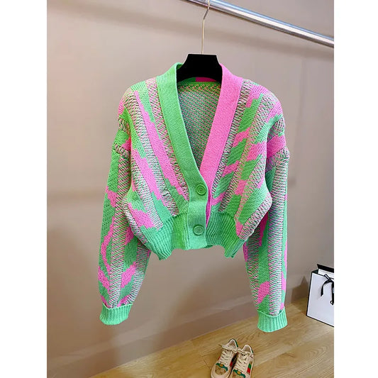 Women Color Block Green Crop  Cardigan High Street Long Sleeve Knit Top Autumn Winter New in Korean Dongdaemun Fashion