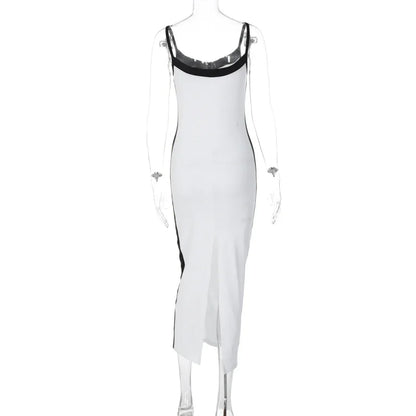 Maxi Dress Women White V Neck Sleeveless Slip Slit Sexy Long Dress Bodycon Slim Party Festival Y2K Outfit Mujer Party Dresses