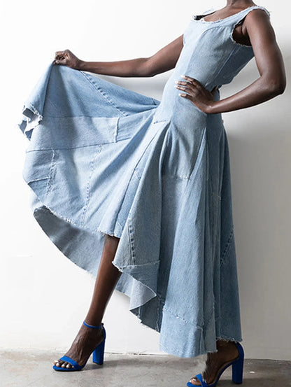 Denim Long Dress Fashion Plain Sleeveless Patchwork Asymmetrical Hem Pleated Party Club Vintage Plus Size Female Tank Dresses