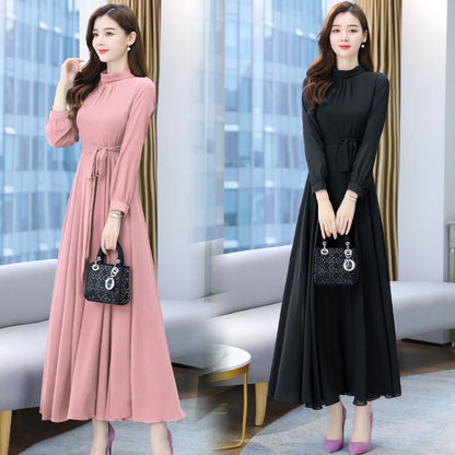 Spring Autumn Maxi Dresses Fashion Female Vintage Full Sleeve Solid A-line Casual Chiffon Dress Women Long Dresses Muslim Dress
