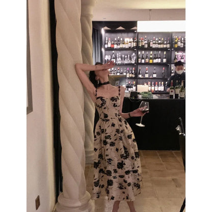 2024 Korean Fashion Summer Floral Strap Midi Dress Women Sleeveless Elegant Vintage Dress Evening Party One Piece Dress