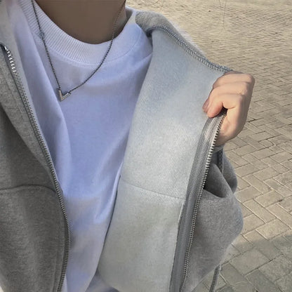 2024 Autumn Retro Solid Color Zip Up Oversized Hooded Sweatshirts Women Harajuku Korean Version Long Sleeve Short Hoodies Coat