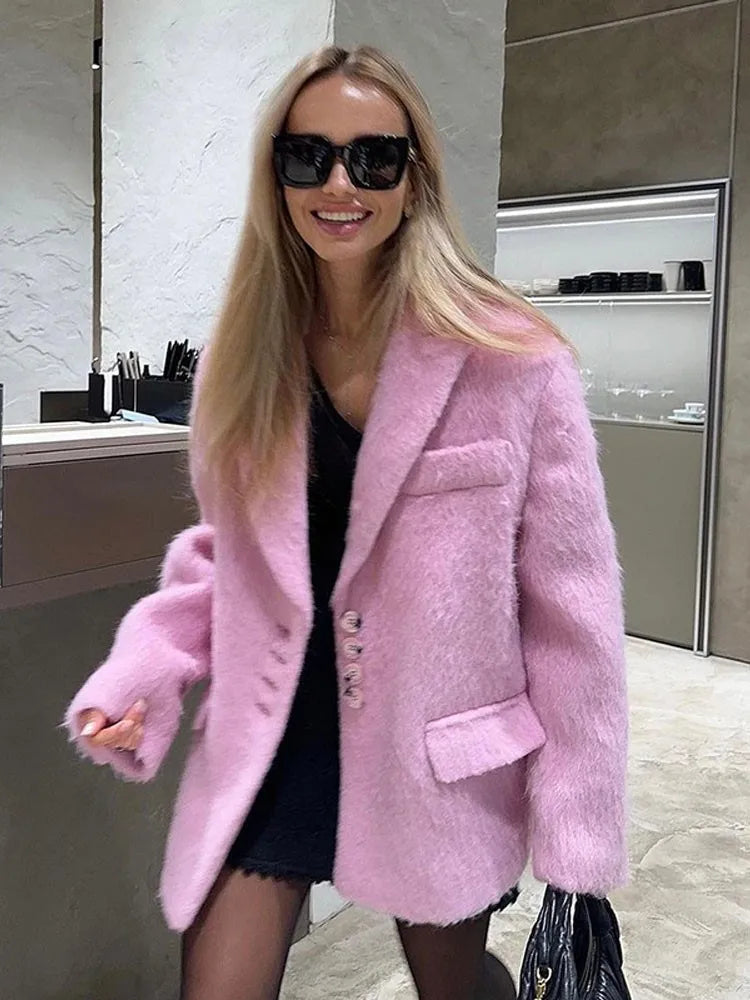Lapel Collar Plush Pink Coats For Women Fashion Long Sleeves Single Breasted Loose Jackets Autumn Winter Female Packet Overcoat