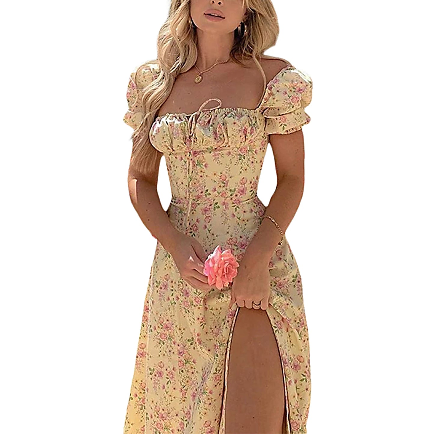 Women s Dress Puff Short Sleeves Lace Up Chest Floral Printed High Splitting Long Skirt for Female