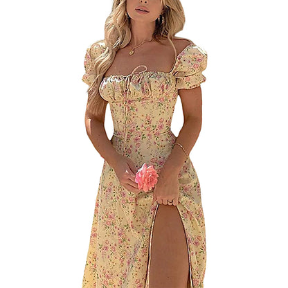 Women s Dress Puff Short Sleeves Lace Up Chest Floral Printed High Splitting Long Skirt for Female