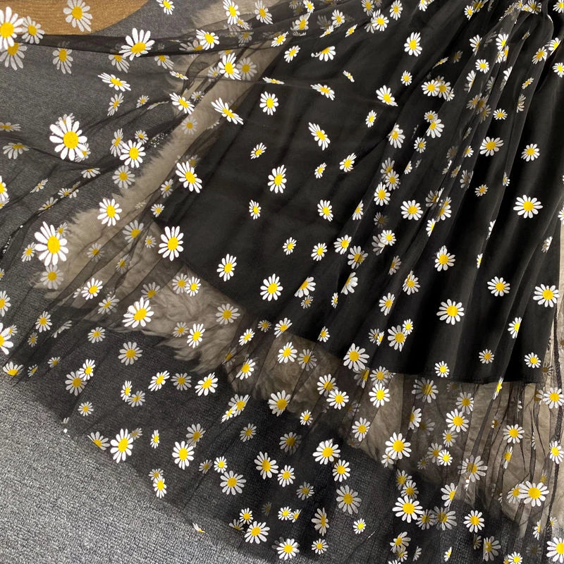Korean Fashion Daisy Flower Print Mesh Party Dress Summer Two Layers Spaghetti Strap Vacation Midi Dress Beach Vestidos