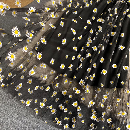 Korean Fashion Daisy Flower Print Mesh Party Dress Summer Two Layers Spaghetti Strap Vacation Midi Dress Beach Vestidos