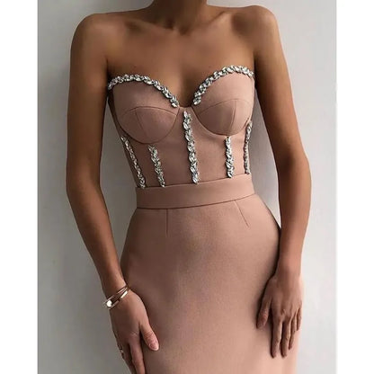 2024 New High-Waist Pink Evening Dress Elegant Midi Dress Tube Top Sequins Solid Color