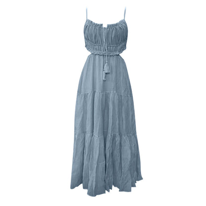 Hot Sale Fashion Sexy Dresses For Women  Sexy Hollow V Neck Sleeveless Solid Panel Large Swing Long Dresses Free Shipping