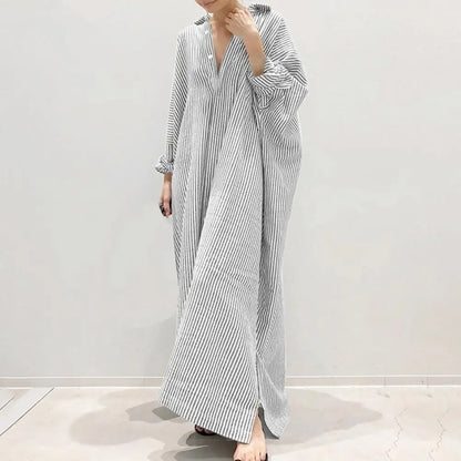 Fashion Women Lapel Neck Striped Dress Autumn Long Sleeve Buttons Maxi Long Dress Elegant Shirt Vestidos Femme Sundress
