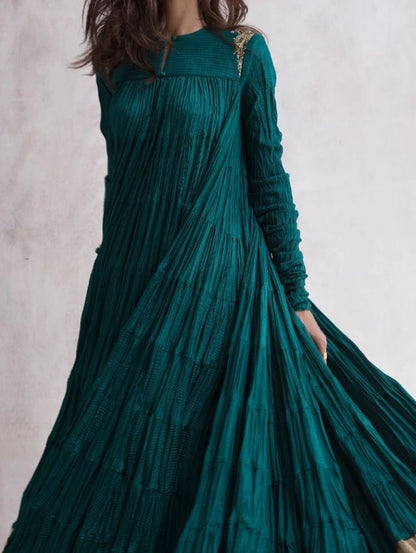 Womens Spring Autumn Long Sleeve Vintage O Neck Patchwork Layered Hem Dress Casual Long Sleeve Female Pleated Maxi Dress