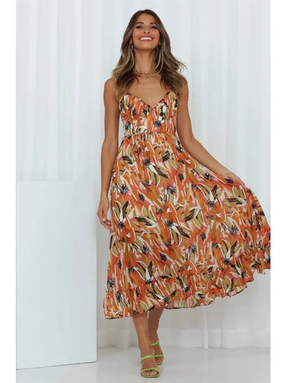 2023 Summer Printed Dress For Women Sexy Spaghetti Strap Boho Beach Vacation Sundress V-neck  Backless Dresses Femme Vestidos