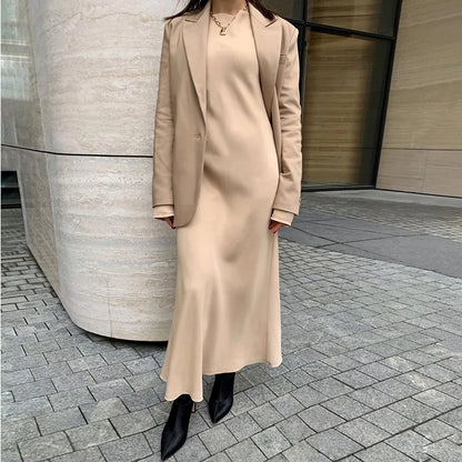WOTWOY 2024 Spring Elegant Satin Dress Women Casual Solid Long Sleeve Dresses Women Loose-Fitting Party Vestidos Femme Traf Robe