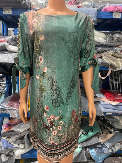 Women Dresses 2023 Summer Fashion Daily New Floral Tribal Print Split Sleeve Pearls Decor Casual Vacation Straight Mini Dress