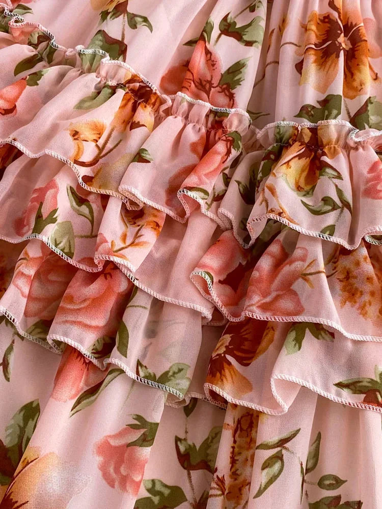 Summer New Off Shoulder  Wrap Waist to Show Thin A-line Fragmented Cake Dress Women's Beach Vacation Chiffon Long Dress GD820