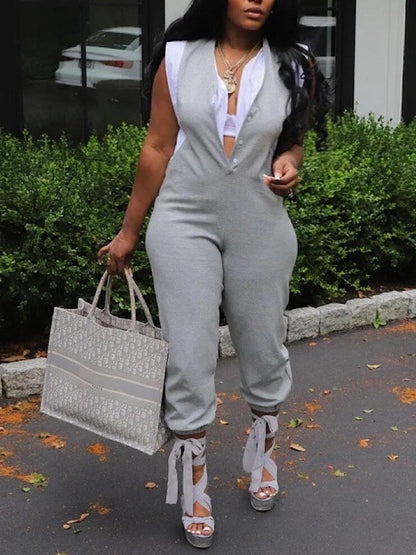 LW Plus Size Women Fashion Button Sleeveless New Retro Autumn Winter Casual Pocket Design One Pieces Jumpsuits