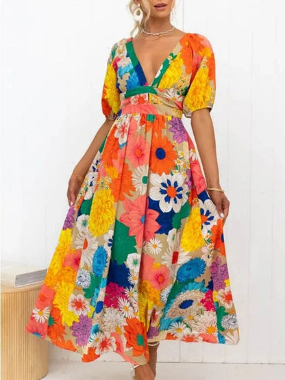 Summer Fashion New Elegant Women's Dress V-neck French Printed Bubble Sleeves Leisure Vacation Wind Flower Petal Long Dress