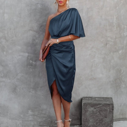 Women One Shoulder Batwing Sleeve Ruched Asymmetrical Satin Midi Bodycon Dresses