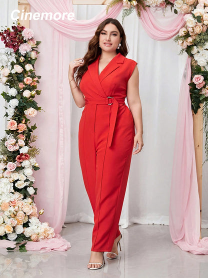 Cinemore 2023 Chic and Elegant Women Jumpsuit Plus Size Lapel V Neck Belted  High Waist Harlan Trousers Pants Office Bodysuit