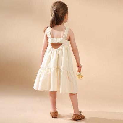 Girls Cotton And Linen Sleeveless Straps Dress Summer New Ruffled Hem Casual Vacation Backless Linen Dresses