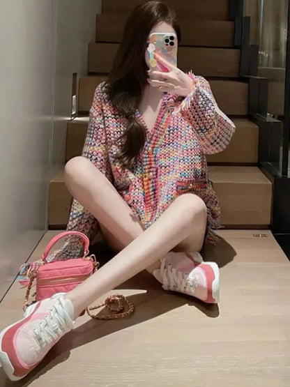 2024 New Autumn Rainbow Color Knitted Sweater Women Fashion Tassel Decoration Cardigan Vintage Single-Breasted Causal Tops