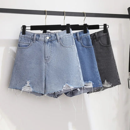 Womens Plus Size Jean Shorts Elastic Waist Casual Pure Color Shorts With Pockets Frayed Raw Ripped Denim Shorts 4XL 5XL ouc1529