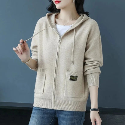 Women Hooded Knitted Cardigan Spring Autumn Large Size Casual Zipper Sweater Coat Korean Fashion Knitwear Female Tops 3XL Y1432