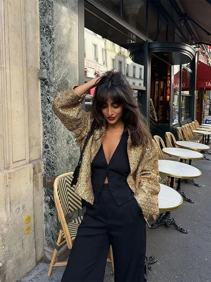 Chic Shinny Sequin Women Cropped Jacket Stand Collar Long Sleeve Lady Solid Coat 2023 Autumn New Female Gold Street Overcoat