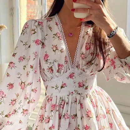 Vintage Women Summer Mini Dress Long Sleeve Floral Print Ruffles V Neck High Waist A-Line Cocktail Vestidos