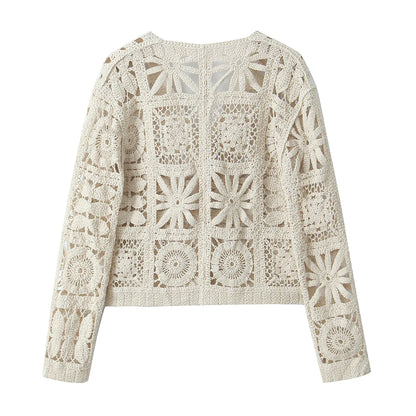 Women's new cardigan V-neck three-dimensional hollow hook flower lazy versatile single breasted long sleeved knitted sweater