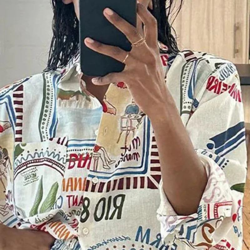Printed Pattern Women's Shirt Set Summer Casual Geometric Long Sleeved Single Breasted Top High Waisted Loose Beach Shorts Set