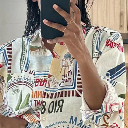 Printed Pattern Women's Shirt Set Summer Casual Geometric Long Sleeved Single Breasted Top High Waisted Loose Beach Shorts Set