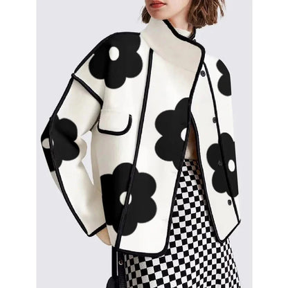 Stand Collar Women Printed Patchwork Jackets Fashion Black Flower Button-up Lady Coat Long Sleeves Autumn Outerwear 2023 New