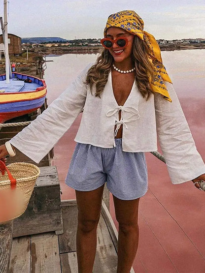 Women's Fashion V-neck Lace-up White Shirt Lady Casual Long-sleeved Loose Tops 2024 Spring Female Chic Office Ladies Blouse