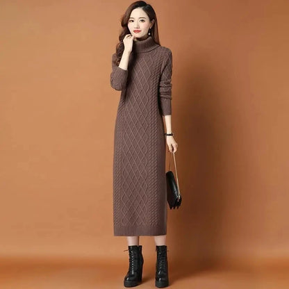 Turtleneck Thicken Warm Knitted Dress Loose Long Straight Dresses Bottoming Sweater Robe Fall Winter Knitwear Vestidos Mujer