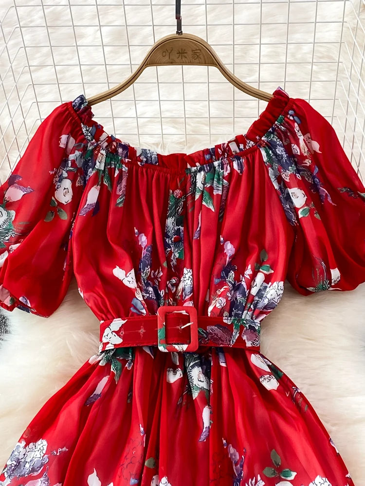 Summer Women Floral Chiffon Dress Vacation Beach Vestidos Female Elegant Slash Neck High Waist A-Line Midi Robe Bohemian New