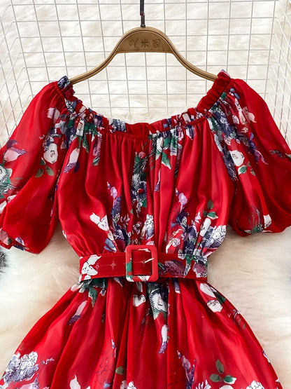 Summer Women Floral Chiffon Dress Vacation Beach Vestidos Female Elegant Slash Neck High Waist A-Line Midi Robe Bohemian New