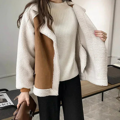 Autumn Winter Women's Coats 2023 New Casual Loose Patchwork Outerwear Korean Vintage Crop Pockets Lambhair Jacket Women