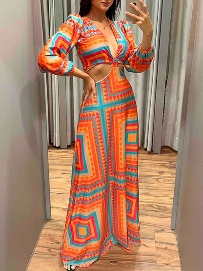 Spring Summer Elegant Allover Print Maxi Dresses for Women Sexy Lace Up Midriff High Silt Vestidos Vacation Beach Sexy Dress