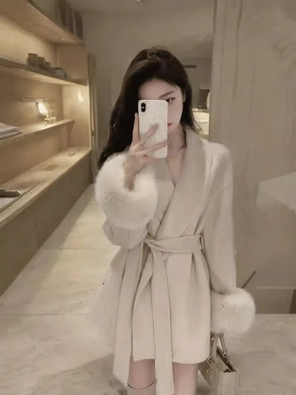 New High End Double-sided Wool Strapping Coat Women Removable Cuffs Fox Fur Temperament Double-sided Cashmere Short Jacket