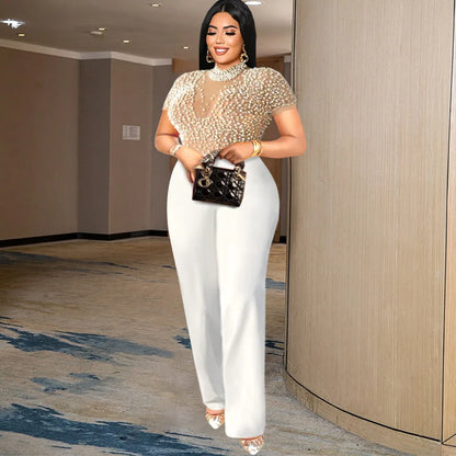 Plus Size Beading Jumpsuit Female Sheer Patchwork Cloth Women One Piece Outfit Wide Leg Pant 2023 Summer Autumn Elegant Jumpsuit