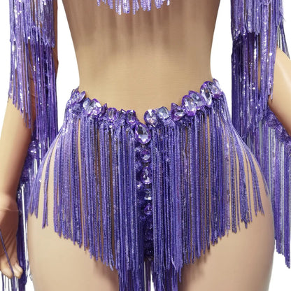 Purple Shining Rhinestones Tassel Bodysuits Women Fashion Show Model Clothing Sexy Stage Costume Jazz Dance Wears Weixiao