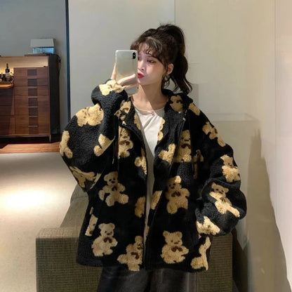 Harajuku Heart-shaped Print Plush Jacket Women Winter Korean Long Sleeve Zip Up Hooded Coat Thick Warm Couple Streetwear Hoodies