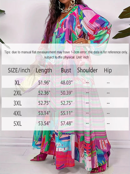 Plus Size Fall/Winter New Women's Casual Dress, Long Sleeve, V-Neck, Irregular Pattern Print Personalized Apparel Dresses