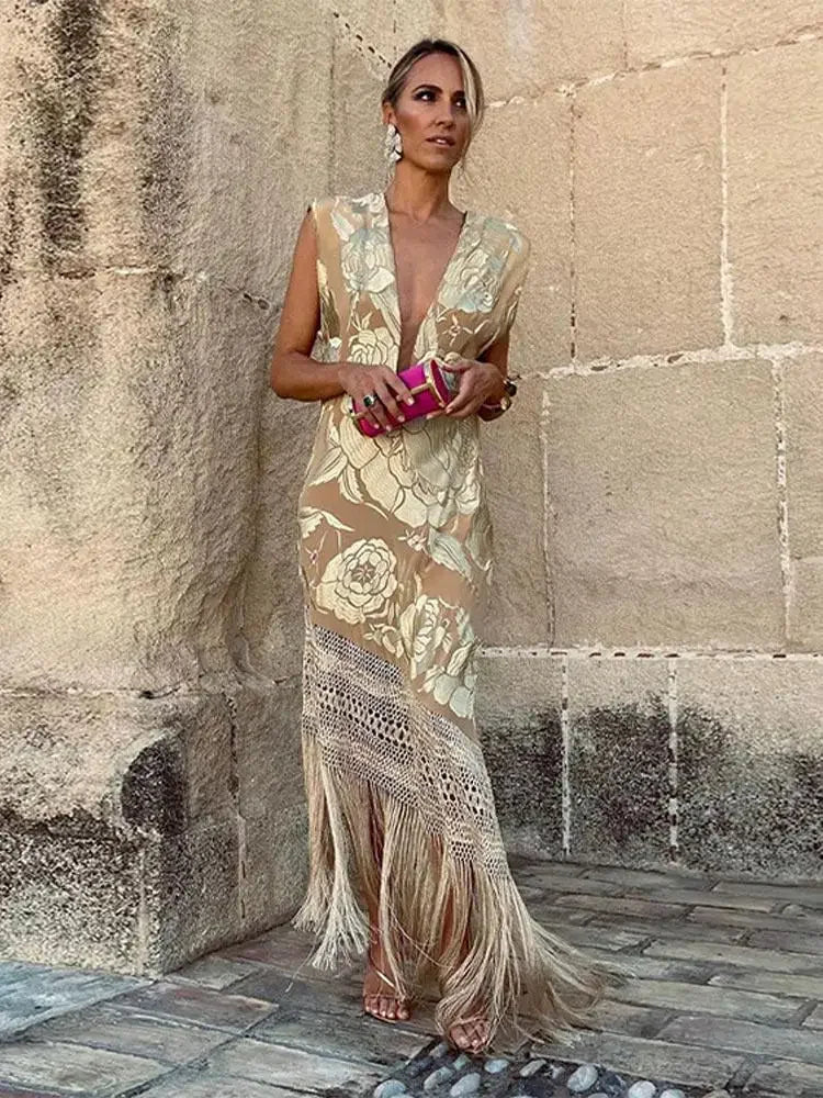 Women V Neck Printed Irregular Tassels Dress Sexy Sleeveless Backless Slim Dresses 2024 Summer Female Casual Party Prom Vestido